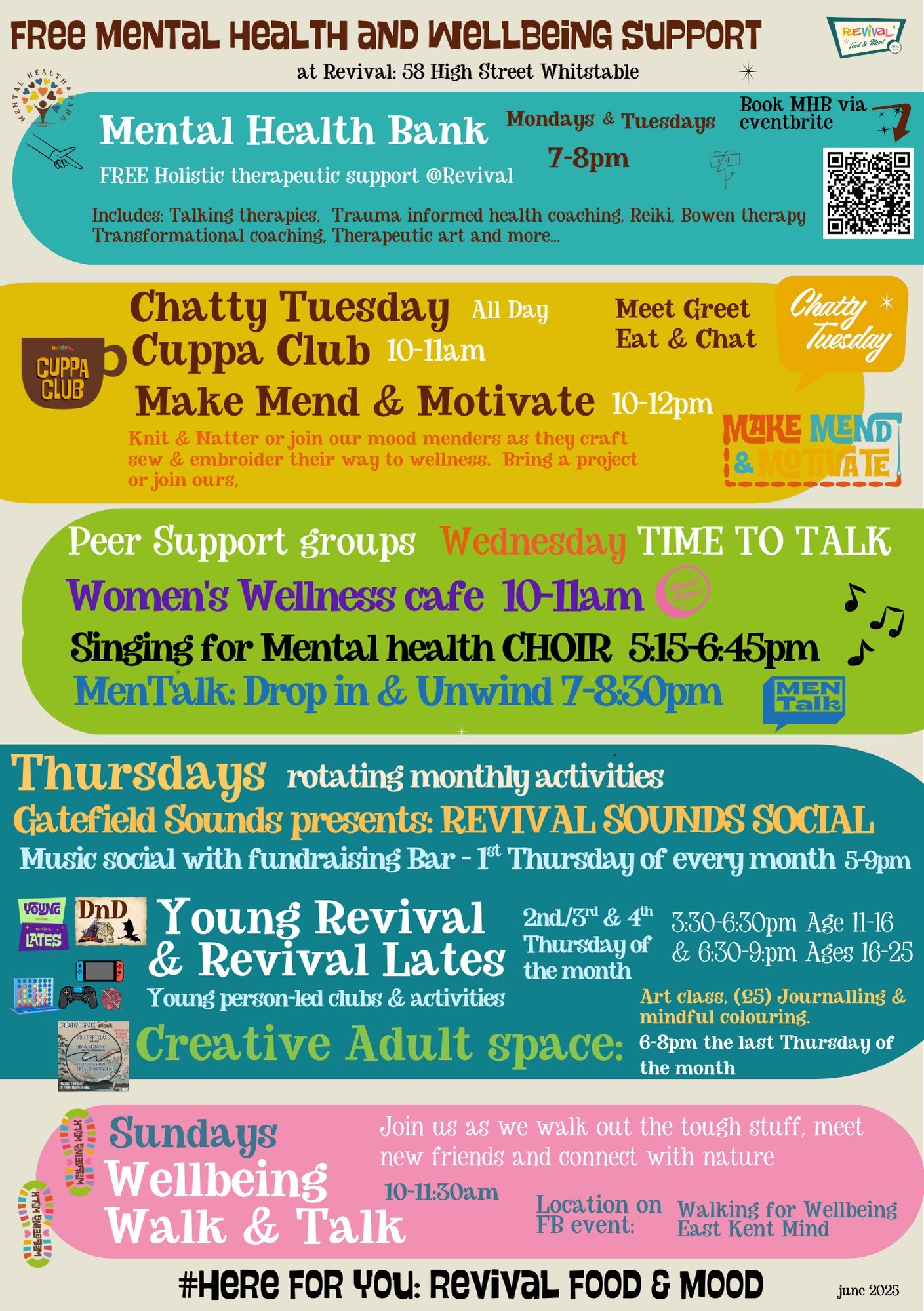 The Revival Food and Mood weekly calendar, with an extensive list of what's on Mondays through to Sundays