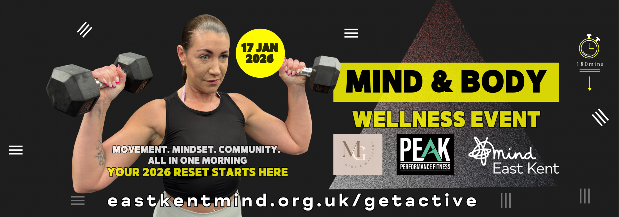 Promotional graphic for a Mind & Body Wellness Event on 17 January 2026, showing a person lifting dumbbells. Text reads “Mind & Body Wellness Event”, “Movement. Mindset. Community. All in one morning”, “Your 2026 reset starts here”, with logos for MG Mind & Movement, Peak Performance Fitness and Mind East Kent, and the web address eastkentmind.org.uk/getactive
