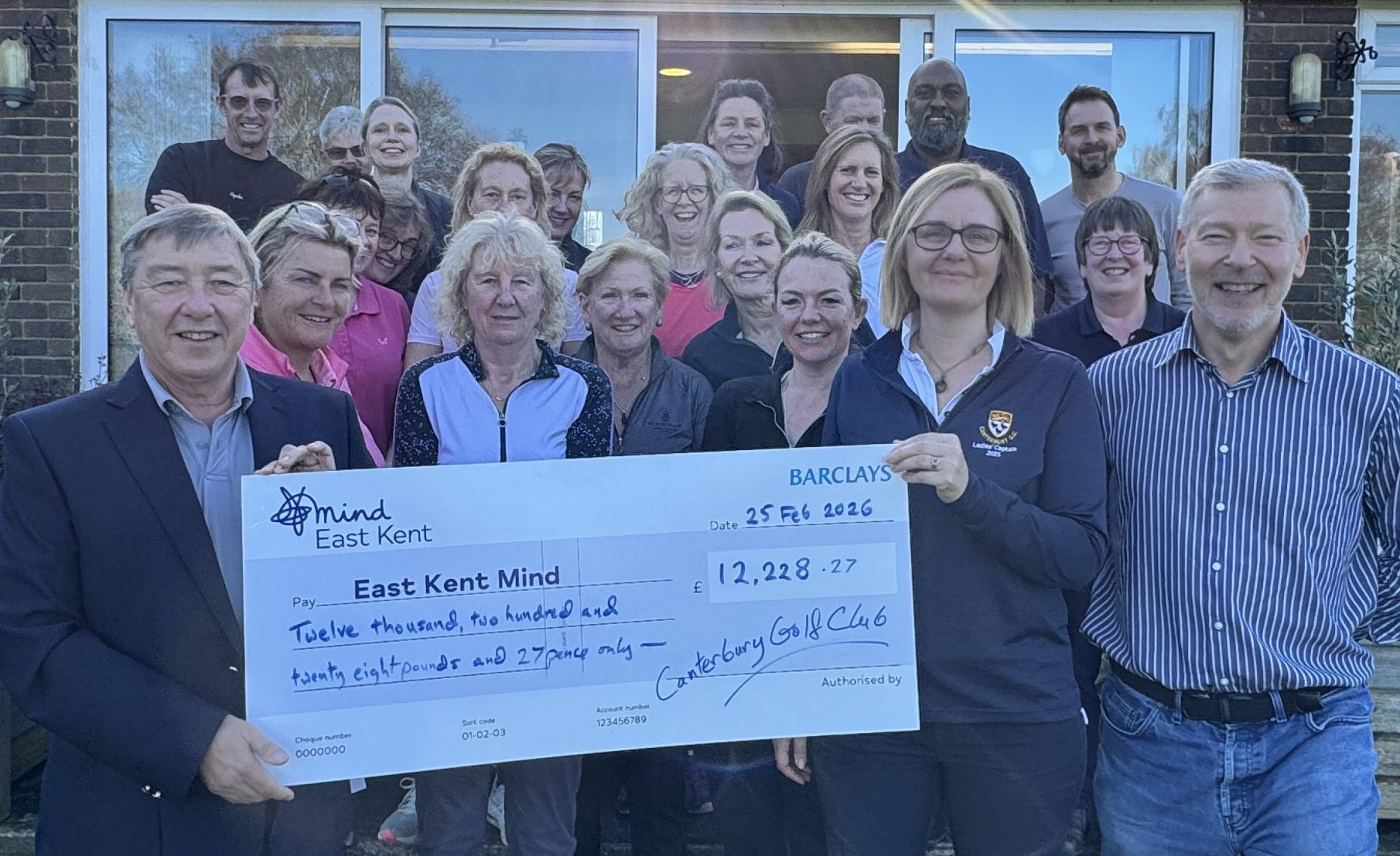 Seniors Captain Peter Norfolk and Ladies Captain Jen Rutherford with East Kent Mind's Simon Dolby and Canterbury Golf Club members