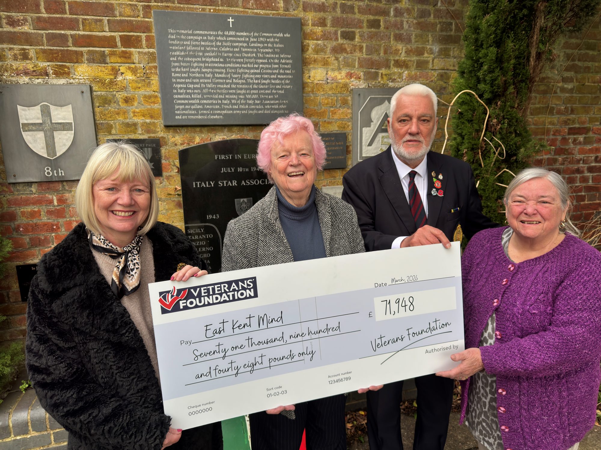 Karen Brinkman, accepting the cheque in Canterbury on behalf of East Kent Mind, with, Jan Edis, David Murray and Kathy Goodwin.