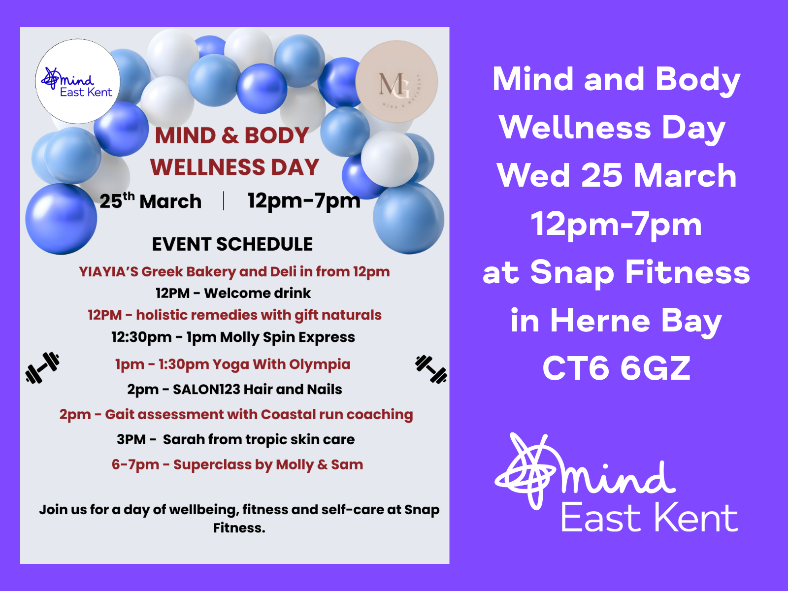 Poster for the event - with the words "Mind and Body Wellness Day Wed 25 March 12pm-7pm at Snap Fitness in Herne Bay CT6 6GZ" and the East Kent Mind logo in white on a purple background