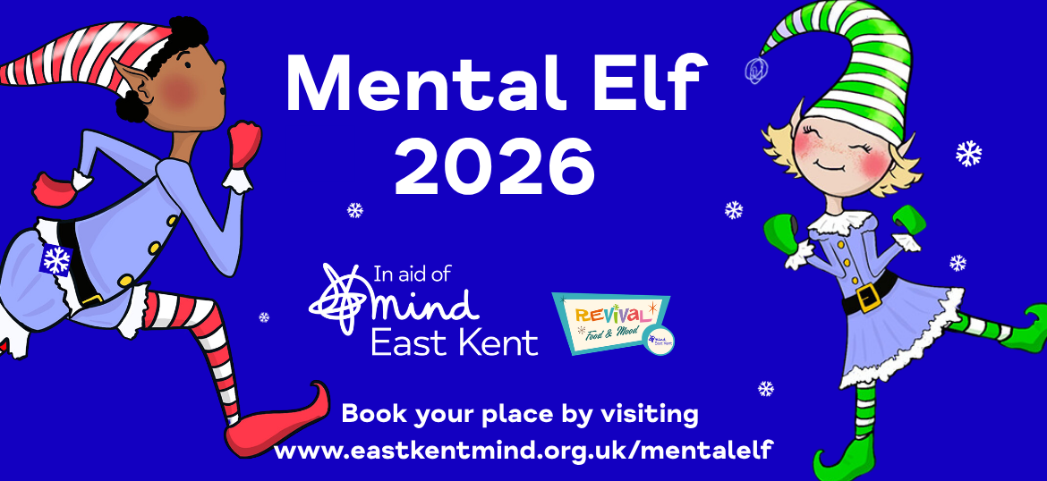 Festive graphic for Mental Elf Canterbury Festive Fun Run, with two elves playing in the snow. Included the East Kent Mind and the Revival Food & Mood logo