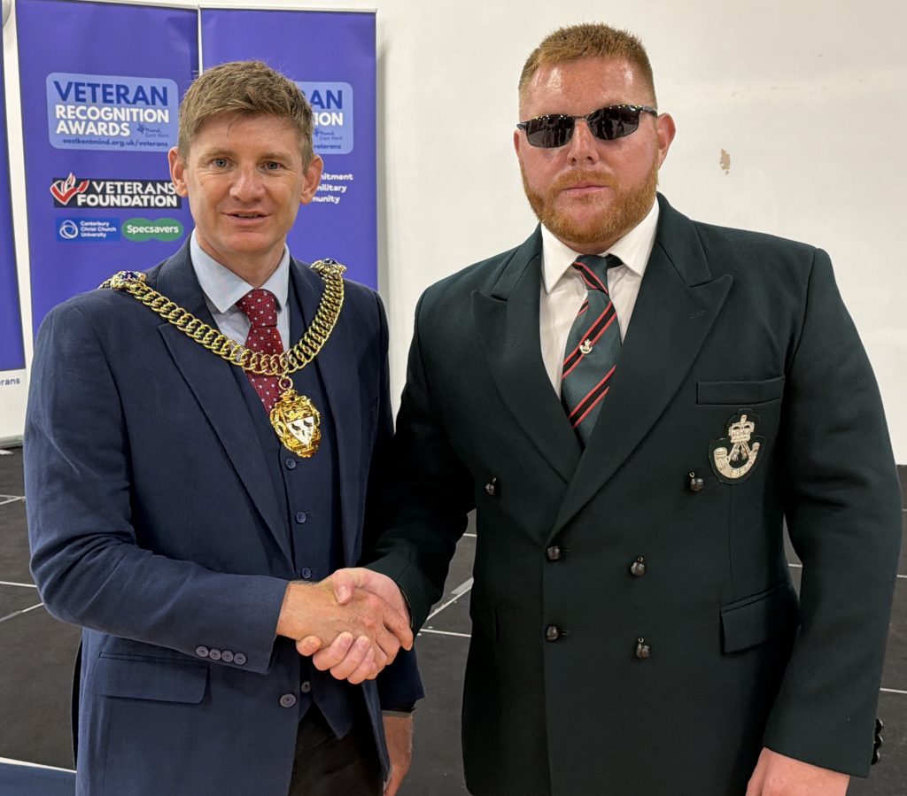 Lord Mayor of Canterbury shakes hands with Rifleman Paul Jacobs