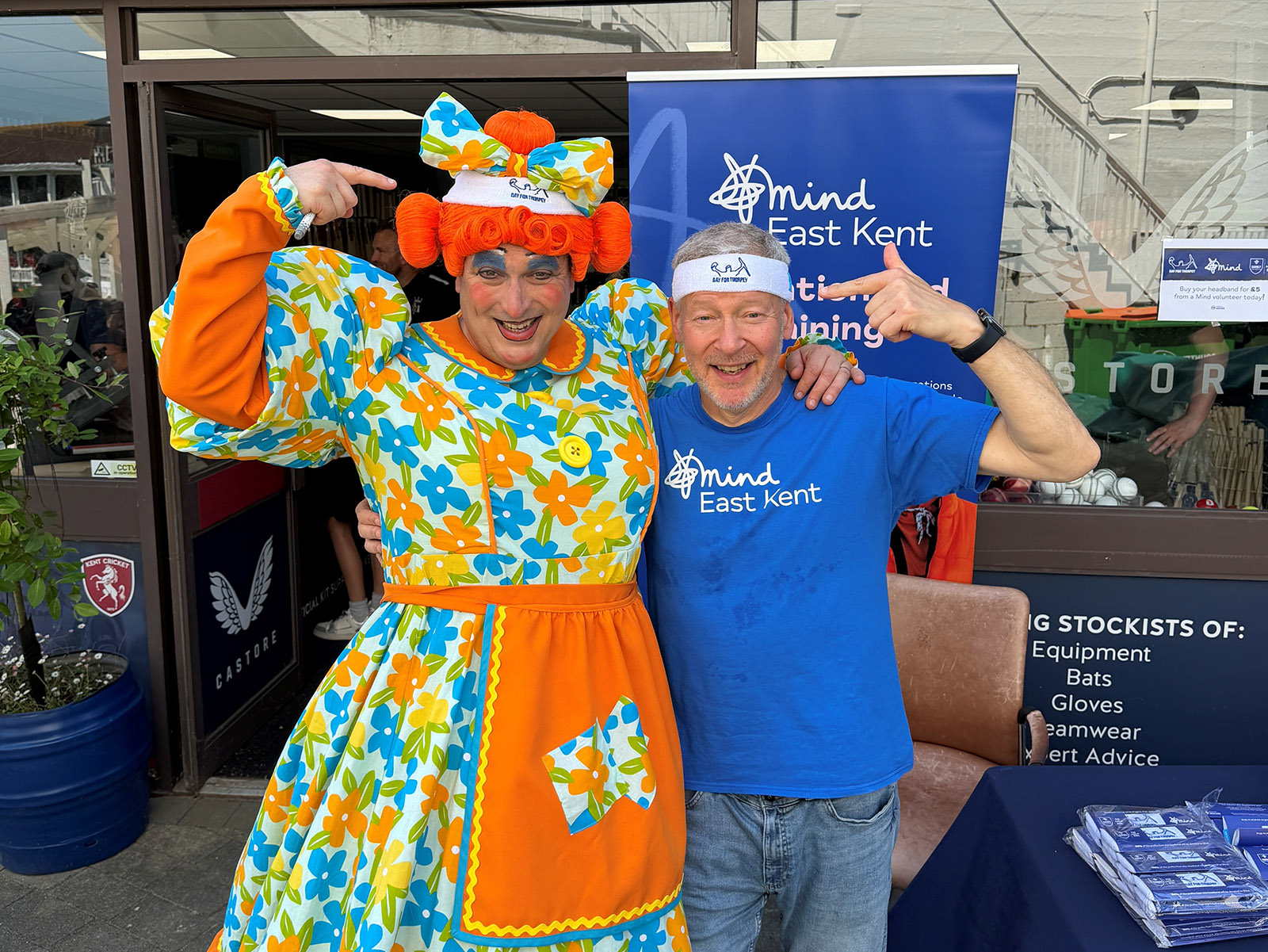 Actor Ben Roddy and East Kent Mind's Simon Dolby both wearing their Thorpey headbands at Kent Country Cricket Club in Canterbury