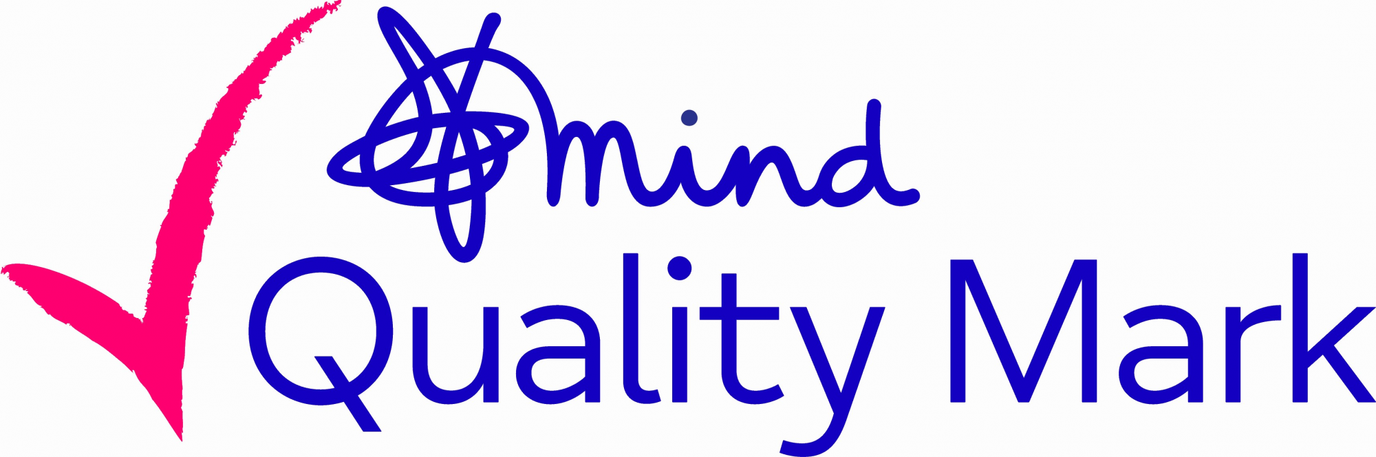 Mind Quality Mark logo featuring a large pink tick alongside the blue Mind logo and the words “Quality Mark”.