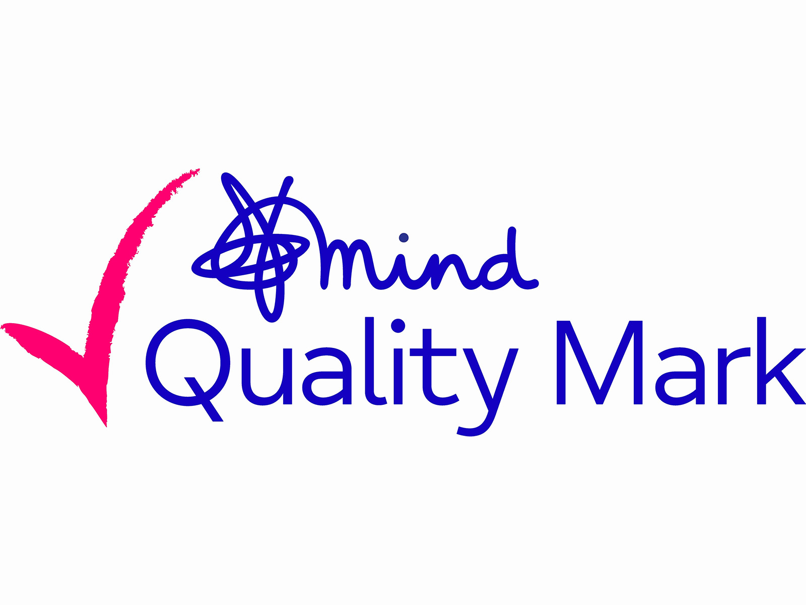 Mind Quality Mark logo featuring a large pink tick alongside the blue Mind logo and the words “Quality Mark”.