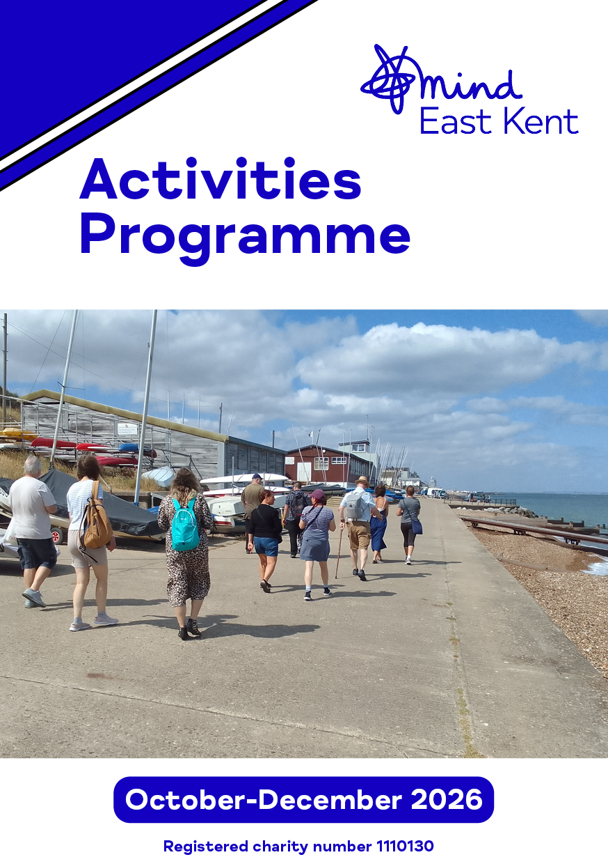 Cover of the East Kent Mind Activities Programme for October–December 2026, featuring a photo of a group walking along the seafront beside boats under a partly cloudy sky.